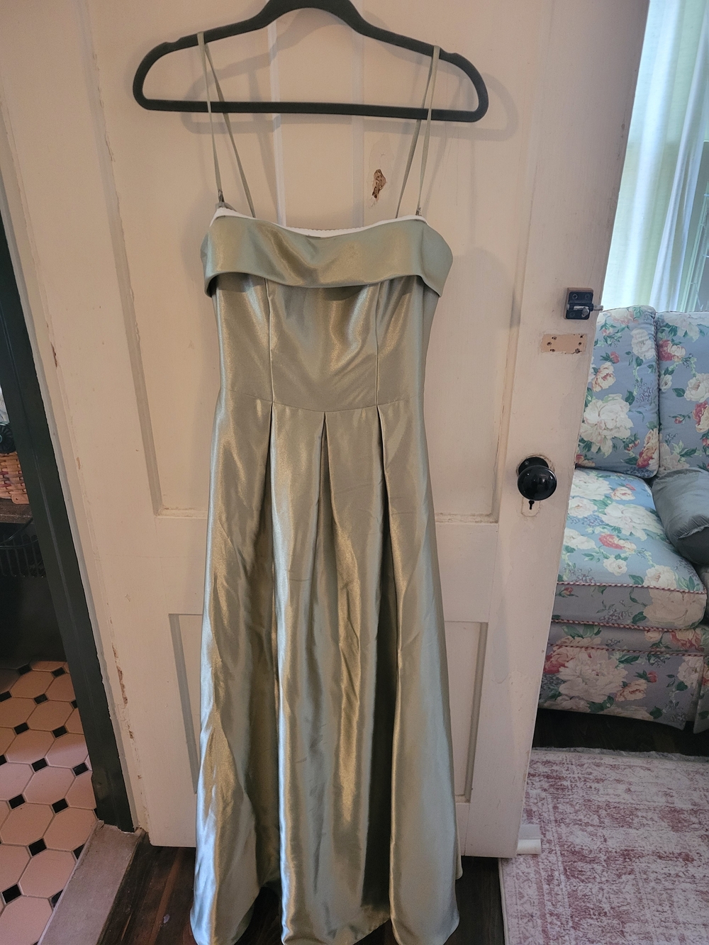 Azazie Strapless Satin Gown in Sage Green
